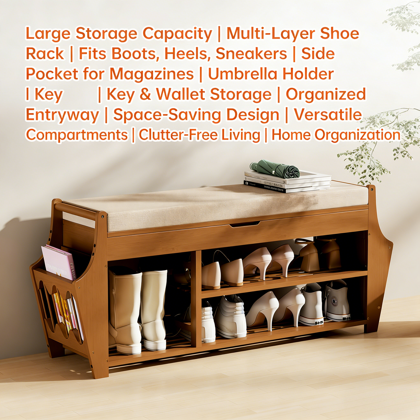 39.4in Shoe Bench with 2 Side Holder, 3 Tier Bamboo Entryway Bench with Storage