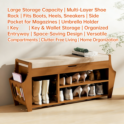 39.4in Shoe Bench with 2 Side Holder, 3 Tier Bamboo Entryway Bench with Storage