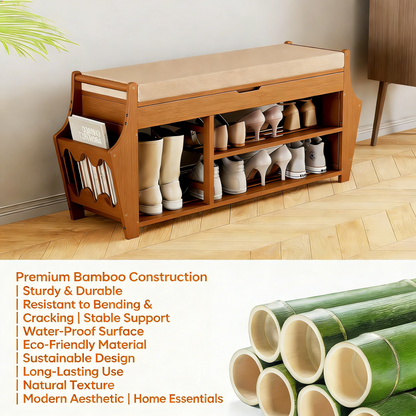 39.4in Shoe Bench with 2 Side Holder, 3 Tier Bamboo Entryway Bench with Storage