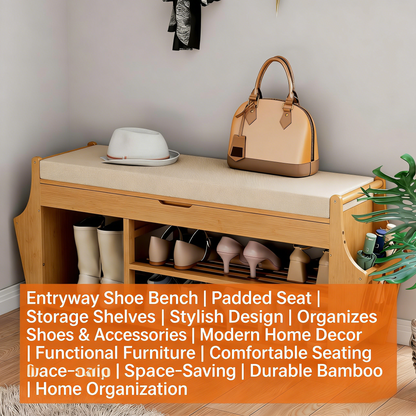 39.4in Shoe Bench with 2 Side Holder, 3 Tier Bamboo Entryway Bench with Storage
