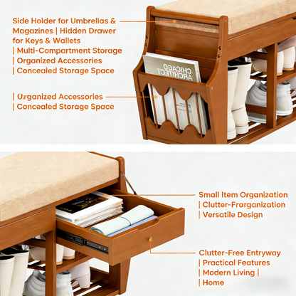 39.4in Shoe Bench with 2 Side Holder, 3 Tier Bamboo Entryway Bench with Storage