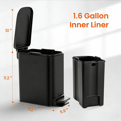 Small Bathroom Trash Can with Lid Soft Close, Step Pedal, 6 Liter / 1.6 Gallon Stainless Steel Mini Garbage Can for Office