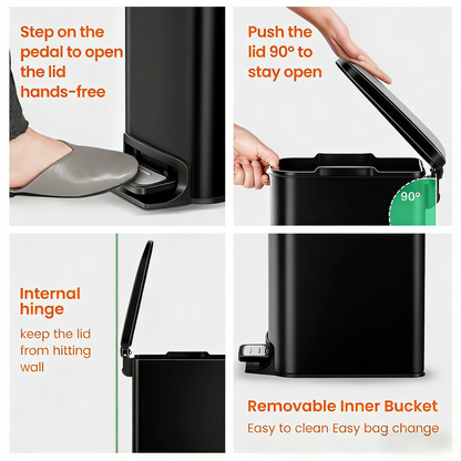 Small Bathroom Trash Can with Lid Soft Close, Step Pedal, 6 Liter / 1.6 Gallon Stainless Steel Mini Garbage Can for Office